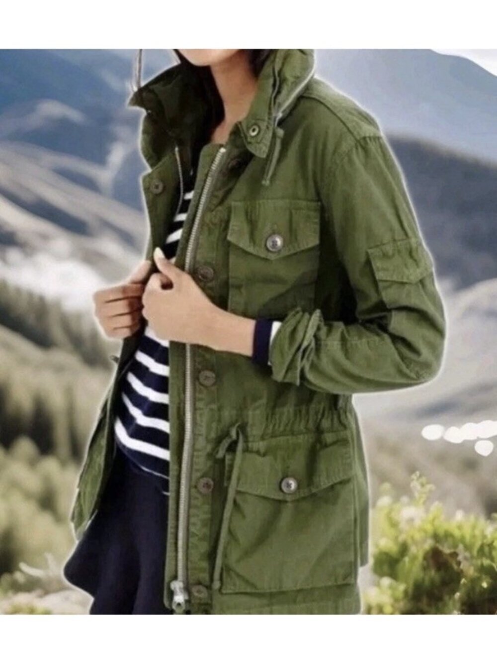 J. Crew Women's Sz PM Petite M Army Green Field Mechanic Utility Hooded Jacket
